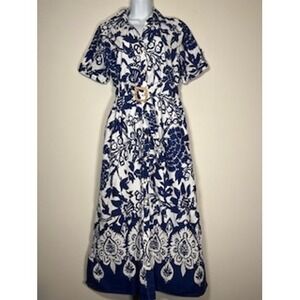 JOIE Floral Toile Shirt Dress Small Blue White Belted Cotton Midi Coastal Summer